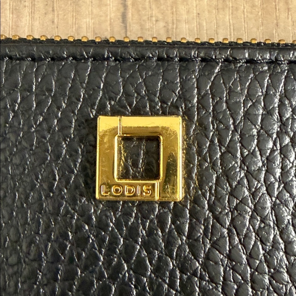 Lodis Black Leather Wristlet Purse Clutch with Gold Detail Hardware - Picture 3 of 6